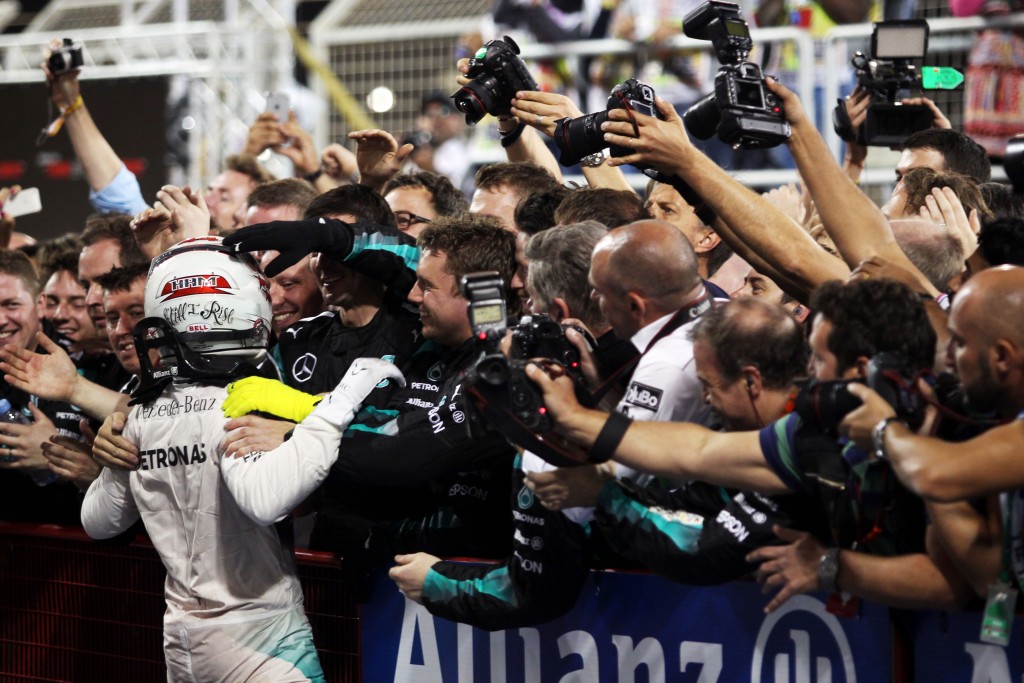 Race winner Lewis Hamilton (GBR) Mercedes AMG F1 celebrates in parc ferme. Bahrain Grand Prix, Sunday 19th April 2015. Sakhir, Bahrain.