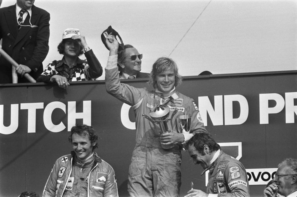 1975 Dutch Grand Prix podium with James Hunt in 1st place